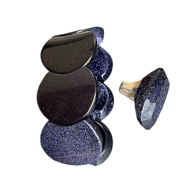 Lola Rose Blue Sandstone/ goldstone Bracelet, Earrings And Ring.  HSN LR - Picture 3 of 9